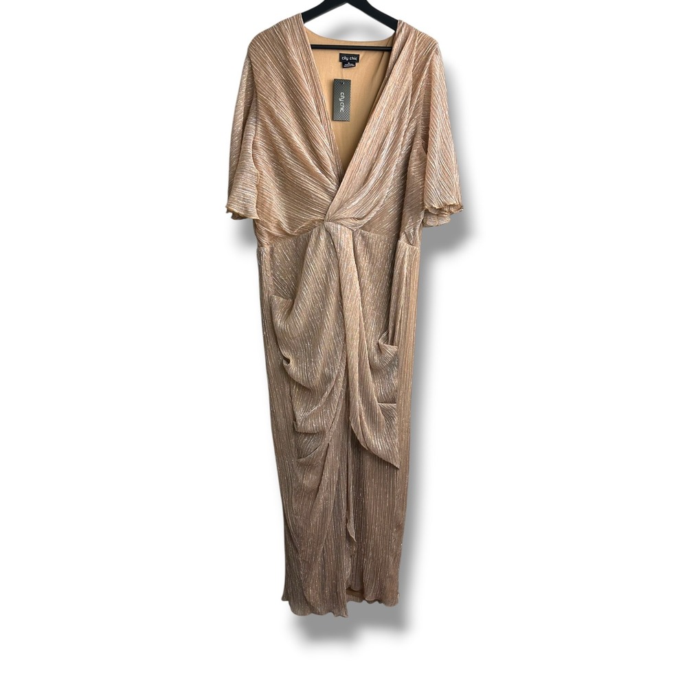 City Chic Lily Sparkle Maxi Dress Soft Blush Metallic Pleated XL US 22 00222664